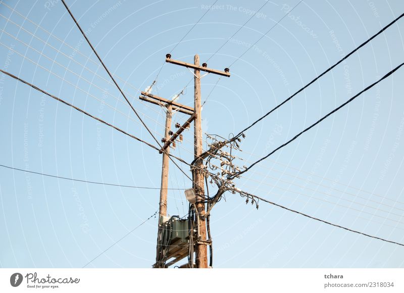 Old fashion electric transmission network Industry Business Technology Environment Sky Wood Metal Steel Line Bright Blue Energy Colour tower electricity
