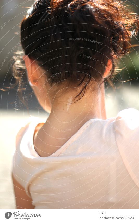 ) ( Feminine To enjoy Sunbathing Evening sun Nape Neck Pinned up hairstyle Hair and hairstyles Brunette Black-haired Looking away Dismissive Rear view Back Lady