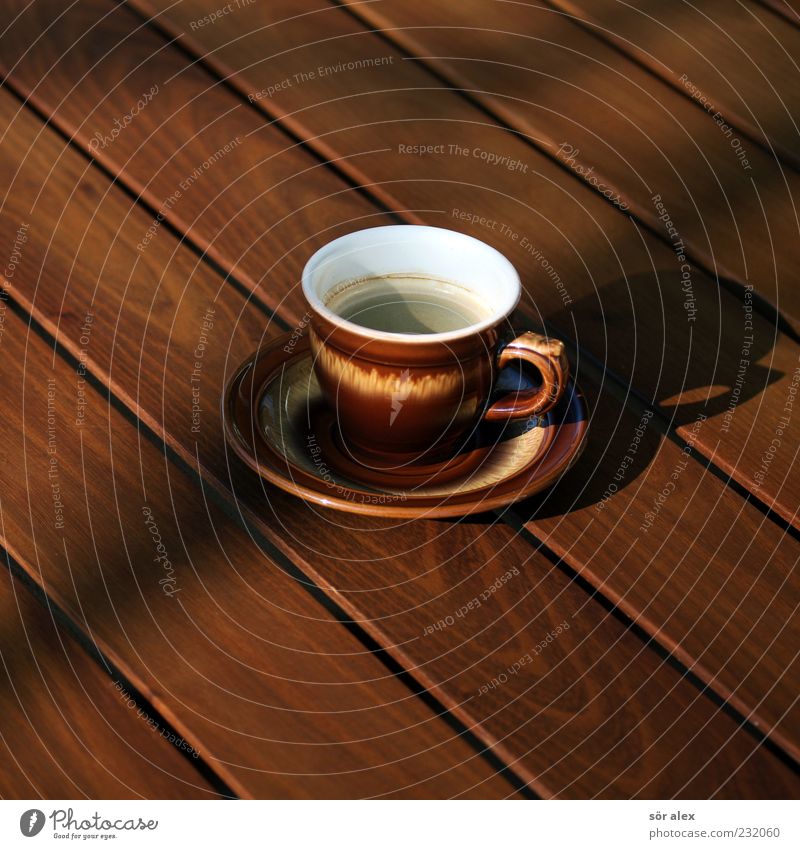 terrace coffee Beverage Hot drink Coffee Crockery Cup Coffee cup Saucer Table Wood Brown Coffee break Colour photo Exterior shot Deserted Copy Space left