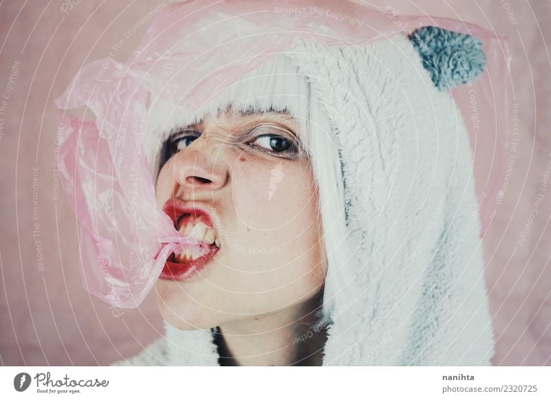 Funny portrait of a young woman eating bubble gum Food Candy Chewing gum Eating Lifestyle Style Exotic Skin Face Human being Feminine Androgynous Young woman