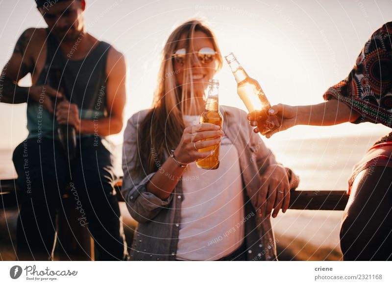 Friends cheering with beers at outdoor party in summer Beverage Drinking Alcoholic drinks Beer Joy Happy Leisure and hobbies Vacation & Travel Freedom Summer