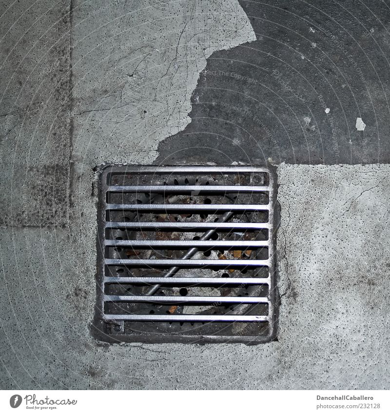 outflow Pavement Grating Drainage Gully Metal Steel Dry Gray Drainage system Abstract Pattern Dirty Parking level Graphic Concrete Ground Symmetry