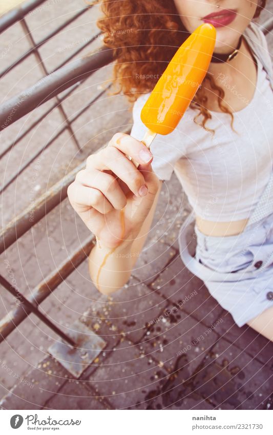Young redhead woman holding an ice cream Food Ice cream Eating Lifestyle Style Joy Wellness Senses Vacation & Travel Summer Summer vacation Human being Feminine