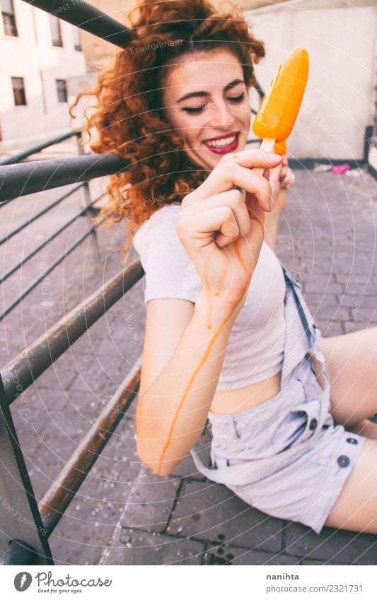 Young cheerful woman enjoying an ice cream Ice cream Lifestyle Style Joy Beautiful Body Hair and hairstyles Wellness Well-being Summer Summer vacation