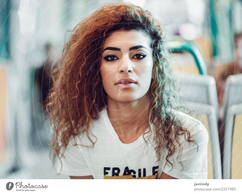 Arabic woman sitting inside subway train. Lifestyle Beautiful Hair and hairstyles Vacation & Travel Tourism Trip Human being Feminine Young woman