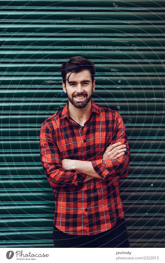 Young bearded man on blinds with arms crossed Lifestyle Style Beautiful Hair and hairstyles Human being Masculine Young man Youth (Young adults) Man Adults 1