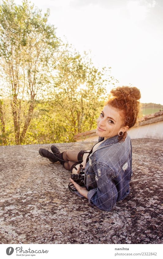 Young redhead woman enjoying the sunset Lifestyle Style Joy Hair and hairstyles Healthy Wellness Vacation & Travel Adventure Freedom Summer Summer vacation Sun