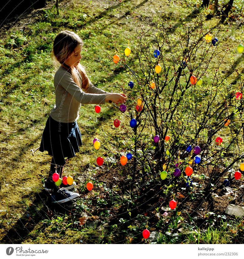 anticipation Lifestyle Joy Happy Playing Garden Feasts & Celebrations Easter Human being Child Girl 1 3 - 8 years Infancy Plant Bushes Meadow Stand Embellish