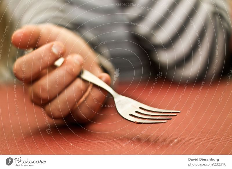 In waiting position Nutrition Human being Hand Fingers 1 Red Fork Empty Wait Appetite Growling stomach Table To hold on Grasp Cutlery Metal Colour photo