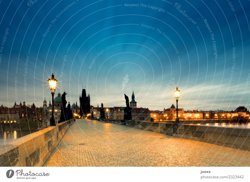 Empty Charles Bridge in Prague at twilight, long exposure Lantern Old town Capital city Czech Republic Manmade structures Tourist Attraction Historic