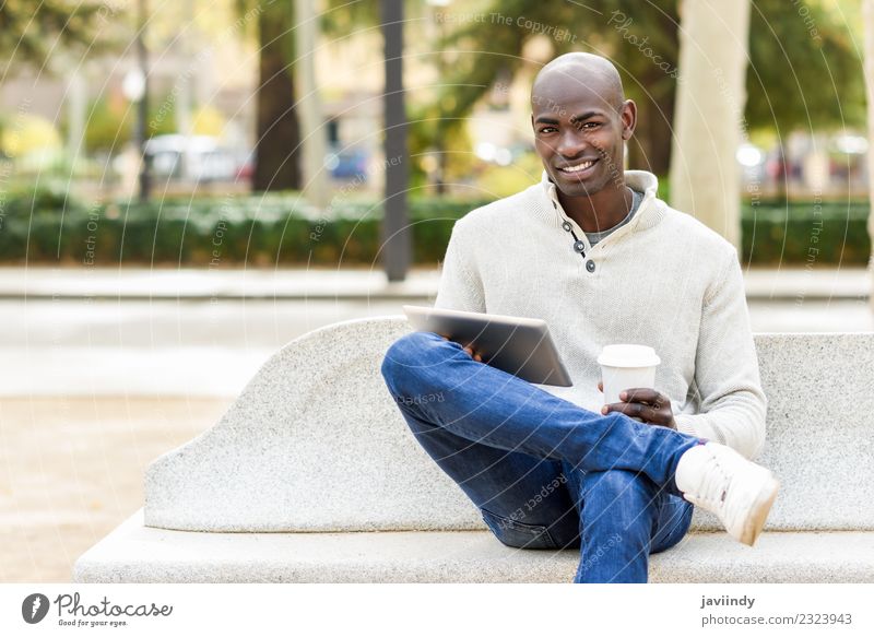 Black man with tablet computer and take away coffee Coffee Tea Lifestyle Happy Beautiful Face Computer Technology Human being Young man Youth (Young adults) Man