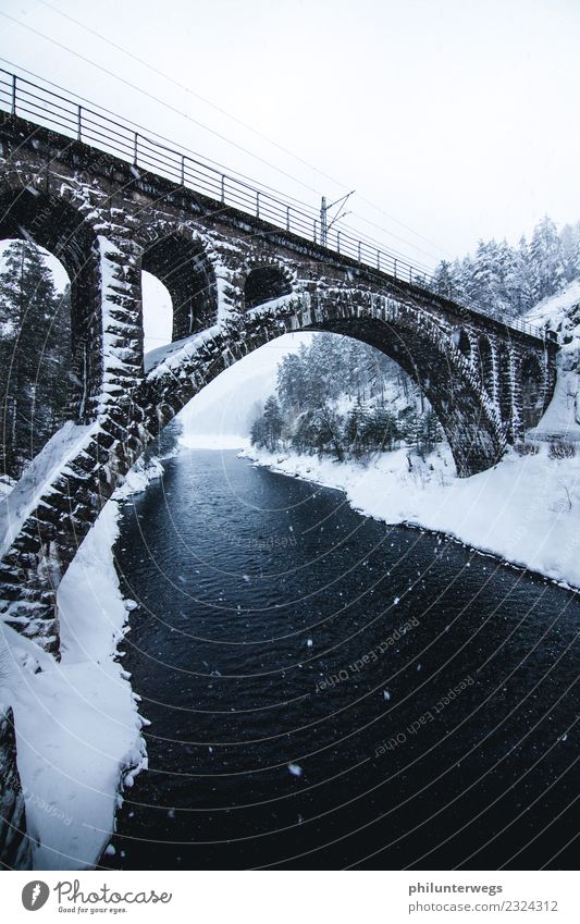 Railway bridge over river at snowfall, winter Norway Vacation & Travel Trip Adventure Far-off places Freedom Expedition Environment Nature Landscape Air Water