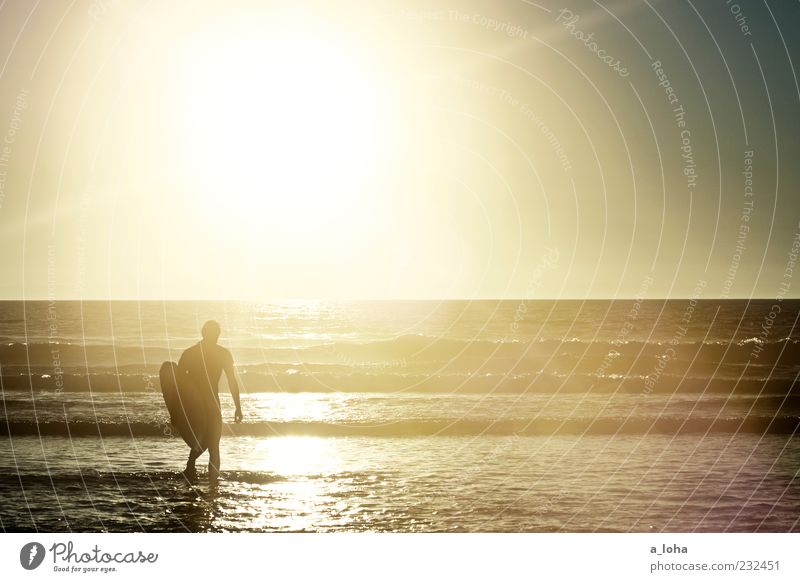 to the sea Lifestyle Aquatics Human being Masculine Young man Youth (Young adults) 1 Nature Elements Water Cloudless sky Sunrise Sunset Beautiful weather Waves