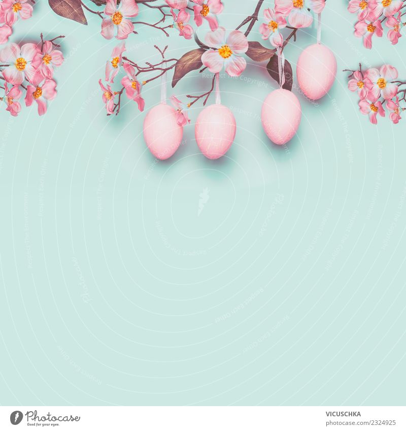 Easter decoration with hanging Easter eggs Style Design Decoration Feasts & Celebrations Spring Flower Ornament Pink Turquoise Tradition Conceptual design