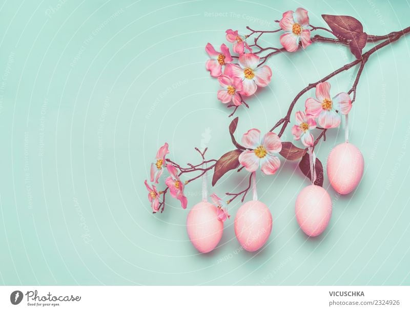 Hanging Easter Eggs Decoration Style Design Sign Pink Turquoise Background picture Symbols and metaphors Pastel tone Easter egg Suspended Twigs and branches