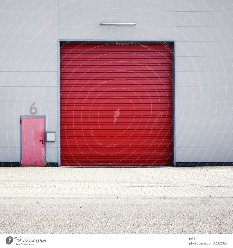 6 Industrial plant Factory Manmade structures Building Architecture Wall (barrier) Wall (building) Facade Door Gate Gray Red Colour photo Exterior shot Deserted