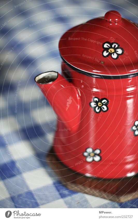 pot of coffee Metal Teapot Coffee pot Red Blue White Coaster Jug Pattern Coffee break Hot drink Quaint Old Colour photo Interior shot Close-up Detail Day Blur