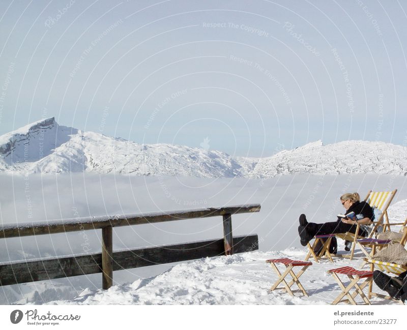 abyss Peak Clouds Fog Edge Woman Deckchair Winter Austria Kleinwalsertal Mountain Snow Handrail Riezlern pulpit wall