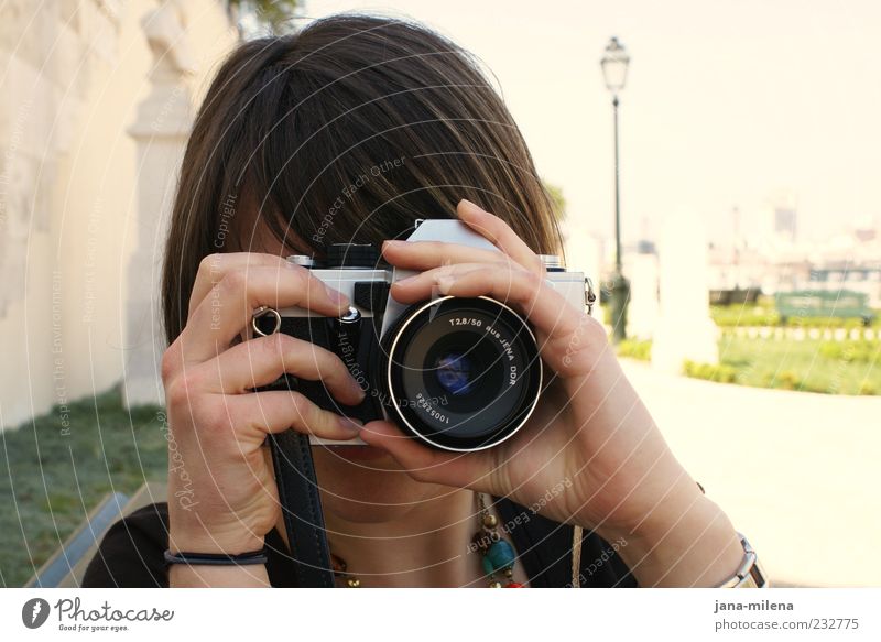 as time passes Take a photo Photographer Brunette Camera Uniqueness Lens Release Focus on Colour photo Exterior shot Close-up Copy Space right Light Contrast