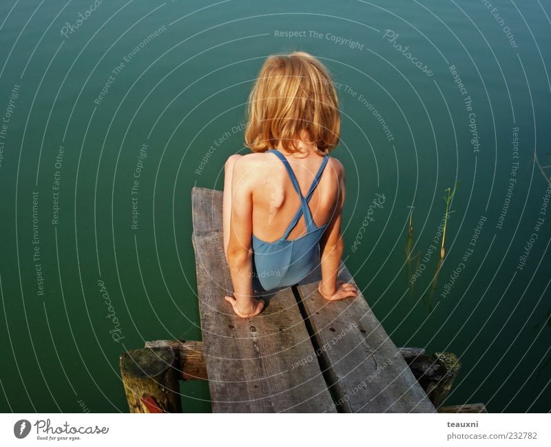 sea-lake... Summer Child Feminine Girl Infancy 1 Human being 3 - 8 years Water Lakeside Swimming & Bathing Crouch Blue Green Brave Exterior shot Day Rear view