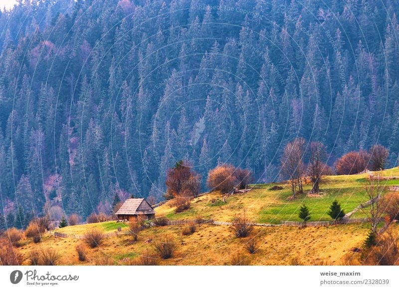 Mountains village on hillsides. Lone house on green hills Beautiful Vacation & Travel Tourism Summer House (Residential Structure) Garden Environment Nature