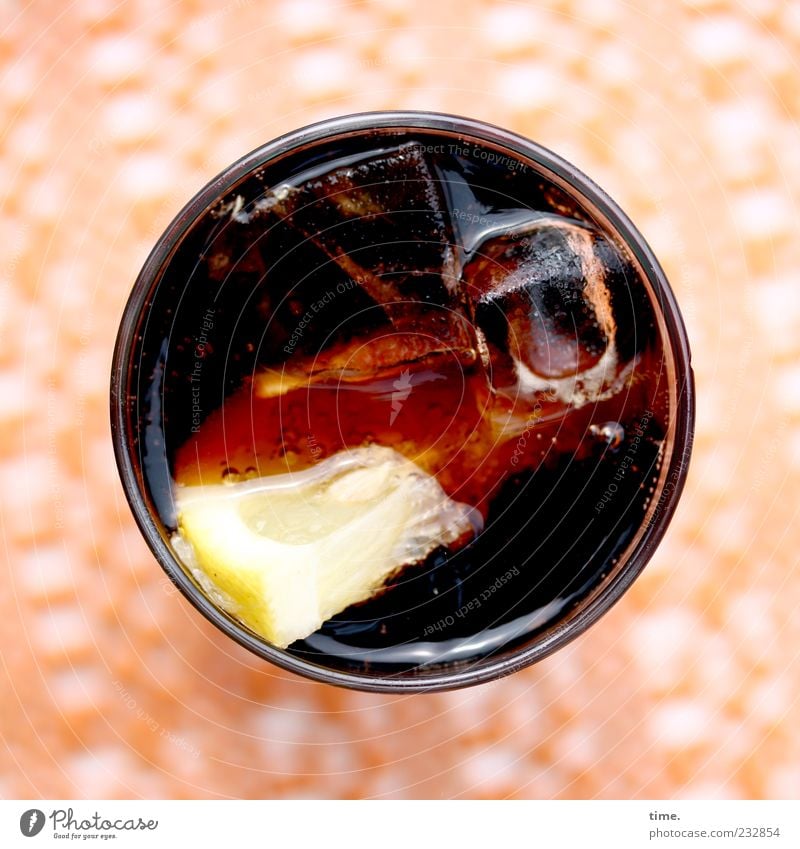 Refrigerated folk drug with tropical fruit Fruit Beverage Cold drink Lemonade Glass Summer Brown Yellow Orange Caffeine Cola sweet drink Refreshment Ice cube