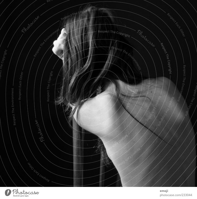 Back. Feminine Young woman Youth (Young adults) 1 Human being 18 - 30 years Adults Dark Thin Sharp-edged Gray Black Sit Posture Shoulder Spinal column Anatomy