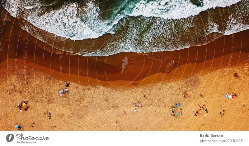 Aerial View Of People Having Fun On Beach In Portugal Lifestyle Swimming & Bathing Vacation & Travel Freedom Summer Sunbathing Ocean Waves Human being