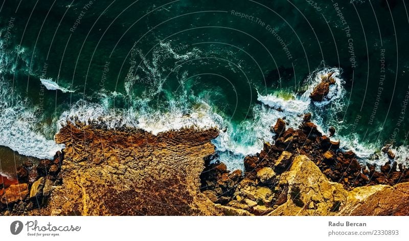 Aerial View From Flying Drone Of Ocean Waves Crushing Environment Nature Landscape Earth Sand Water Summer Beautiful weather Warmth Hill Rock Coast Beach Bay