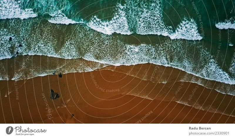 Aerial View From Flying Drone Of Ocean Waves Crushing Environment Nature Landscape Sand Water Summer Beautiful weather Coast Beach Bay Island Exceptional Simple