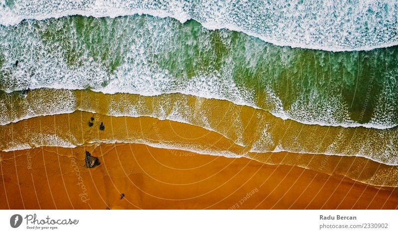 Aerial View From Flying Drone Of Ocean Waves Crushing On Beach Environment Nature Landscape Sand Water Summer Beautiful weather Warmth Coast Bay Blue Brown