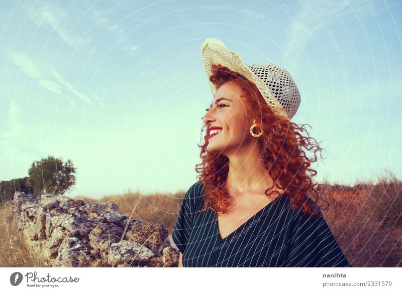 Young redhead woman enjoying a beautiful sunset Lifestyle Elegant Style Joy Beautiful Hair and hairstyles Healthy Wellness Harmonious Well-being Summer