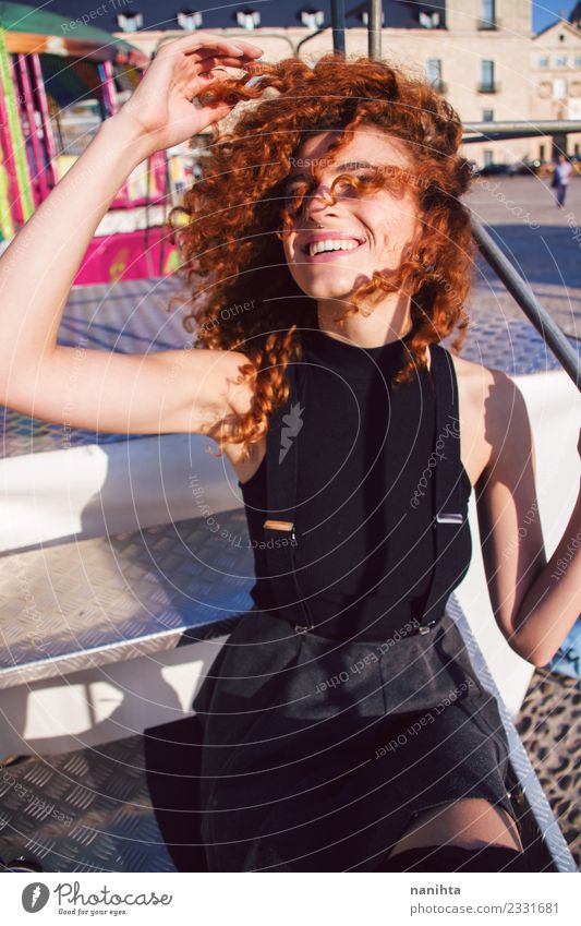 Young happy and redhead woman enjoying the day in the city Lifestyle Elegant Style Joy Beautiful Hair and hairstyles Wellness Well-being Human being Feminine
