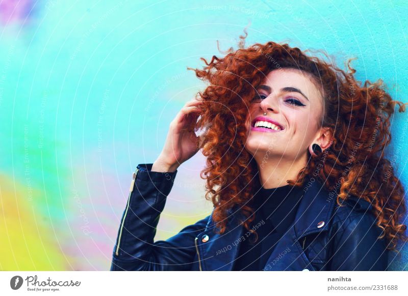 Young happy woman with an urban style Lifestyle Style Joy Beautiful Hair and hairstyles Face Human being Feminine Young woman Youth (Young adults) 1
