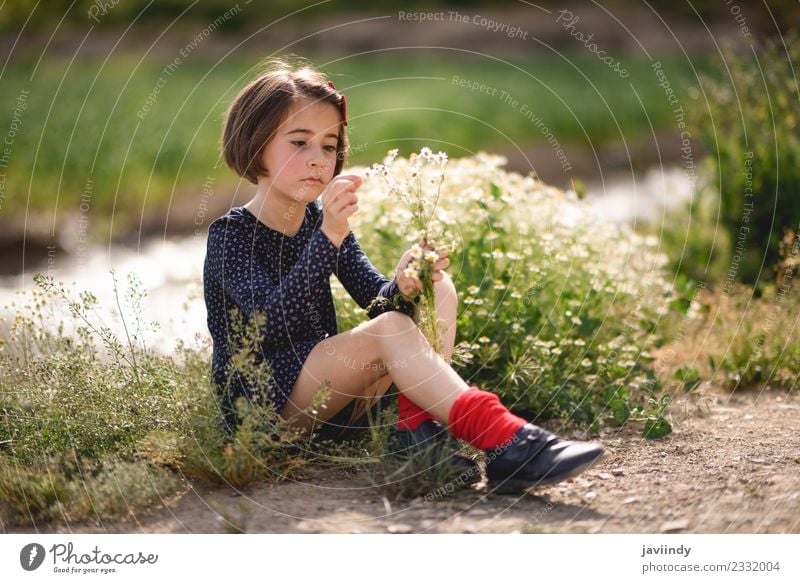 Little girl sitting in nature field with flowers in her hand. Lifestyle Joy Happy Beautiful Playing Summer Child Human being Baby Girl Woman Adults Infancy 1