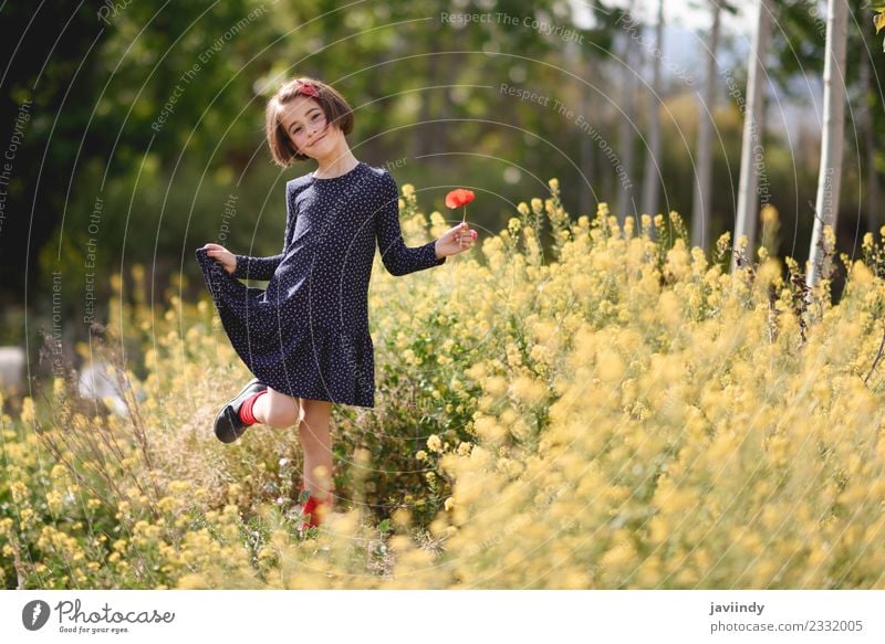 Little girl in nature field wearing dress with poppies Lifestyle Joy Happy Beautiful Playing Summer Child Human being Feminine Baby Girl Woman Adults Infancy 1