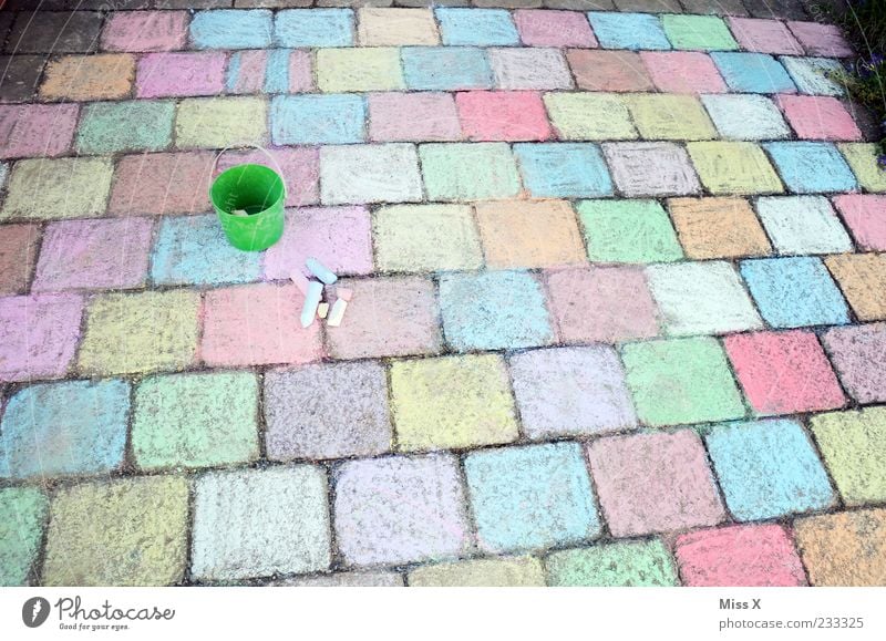 a lot of work Leisure and hobbies Playing Children's game Art Lanes & trails Draw Large Multicoloured Infancy Chalk Paving stone Stone Sidewalk Bucket
