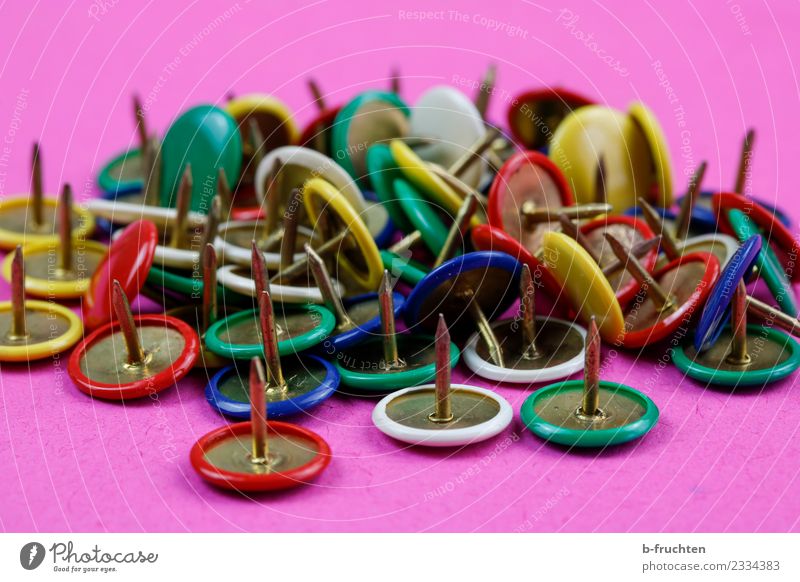 Colourful drawing pins Office work Workplace Lie Many Multicoloured Business Chaos Creativity Thumbtack Point Needle Nail Distributed Colour photo Studio shot