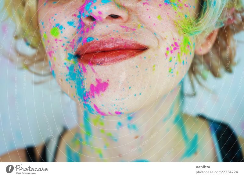 Close up of a young woman's smile with paint in her face Style Design Joy Beautiful Skin Make-up Wellness Harmonious Well-being Leisure and hobbies Human being