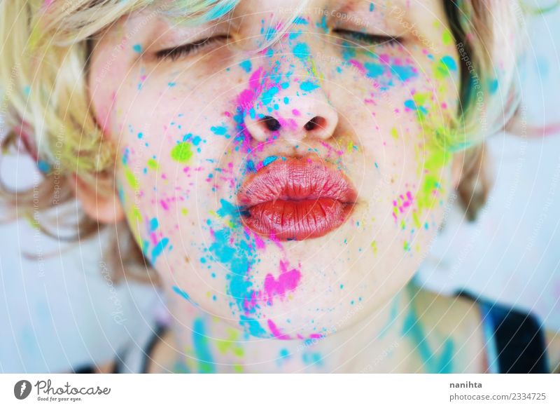 Kiss of a young woman with colorful paint in her face Style Design Exotic Beautiful Make-up Human being Feminine Young woman Youth (Young adults) 1