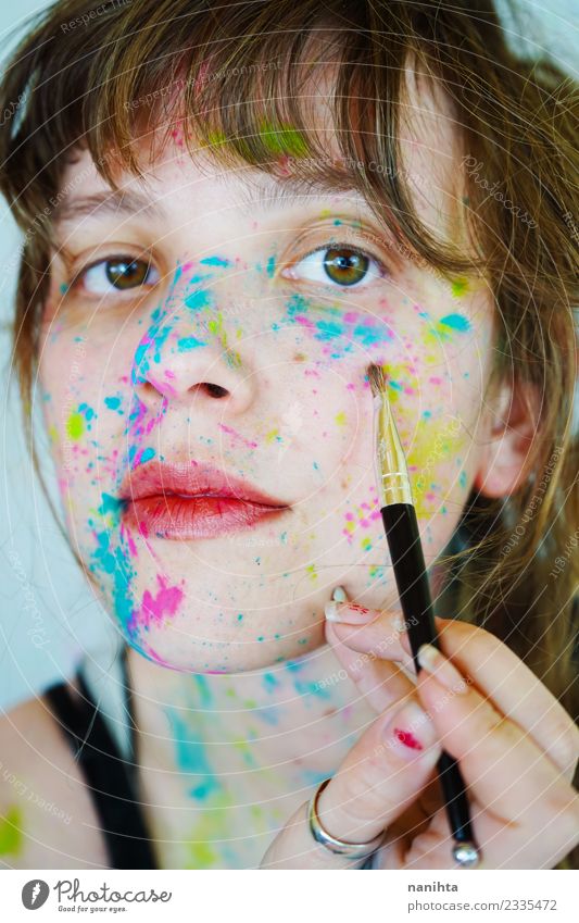 Young woman painting her face Style Design Beautiful Skin Face Make-up Human being Feminine Youth (Young adults) 1 18 - 30 years Adults Art Artist Painter