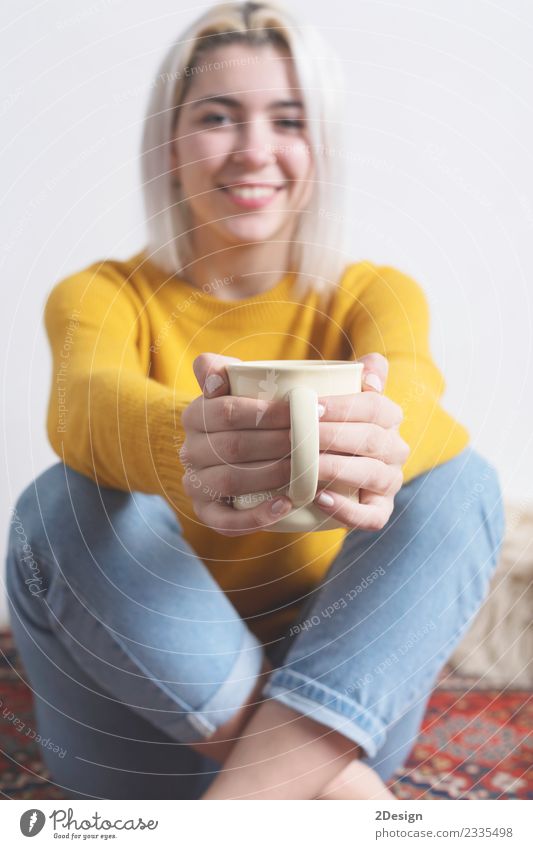 Woman giving you a cup of hot coffee Breakfast Beverage Hot drink Coffee Tea Joy Happy Beautiful Winter Human being Feminine Young woman Youth (Young adults)
