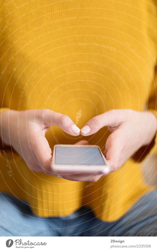 Closeup of woman's hands using a smartphone Desk Table Business Telephone Cellphone PDA Screen Hardware Technology Telecommunications Internet Human being Woman