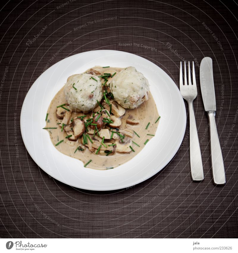 delicately Food Dumpling Sauce Mushroom Nutrition Lunch Organic produce Vegetarian diet Plate Cutlery Knives Fork Delicious Colour photo Exterior shot Deserted