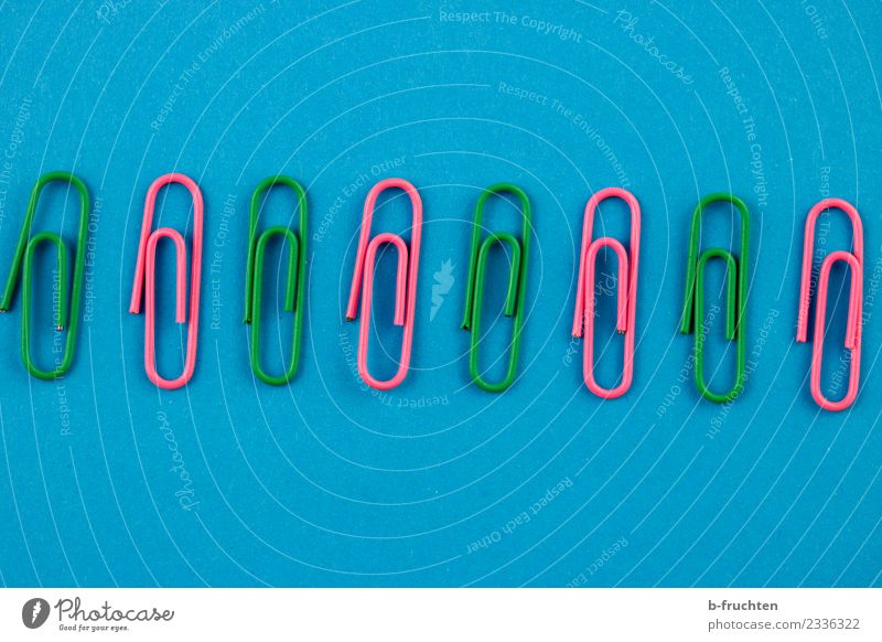 Paperclips in a row Office work Workplace Blue Green Pink Contentment Equal Team Teamwork Politics and state Disciplined Select Expectation Arrangement