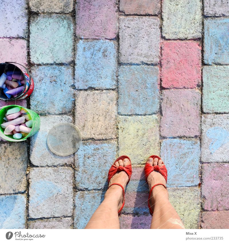 A lot of work III Leisure and hobbies Playing Legs Feet Footwear Draw Multicoloured Infancy Painting (action, artwork) Artist Painter Chalk Paving stone