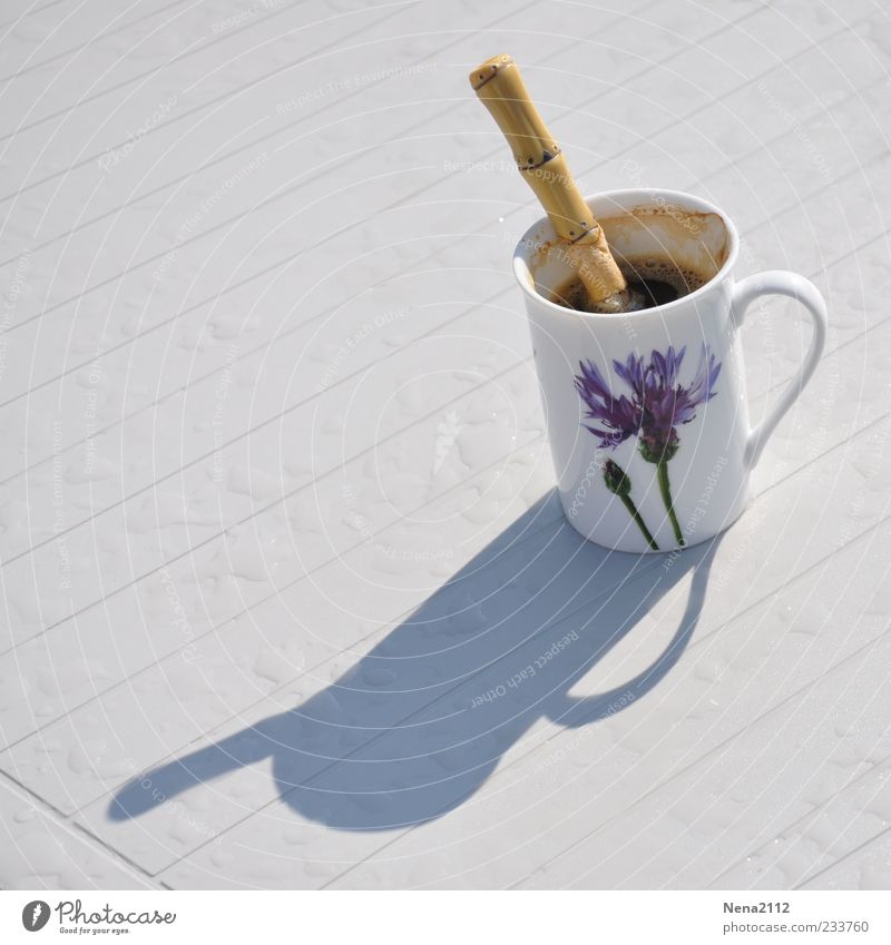 Thundercold coffee Beverage Hot drink Coffee Cup Spoon Table Black Teaspoon Good day! Shadow Rainwater Drop Colour photo Exterior shot Close-up Morning Light