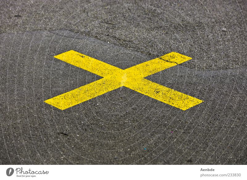 X Street Crossroads Road junction Aggression Crucifix Asphalt Warn Yellow Central Bans Multicoloured Exterior shot Deserted Copy Space top Copy Space bottom