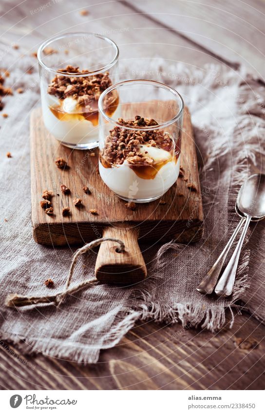 Yoghurt with honey and granola Nutrition Healthy Eating Dish Food photograph Honey Cereal crunchy muesli Dairy Products Snack Breakfast Rustic Delicious Fresh