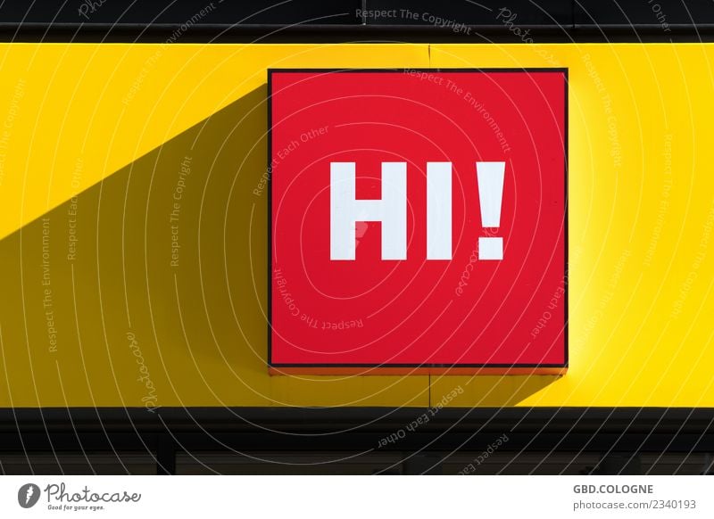 Why don't you say hi? Characters Signs and labeling Signage Warning sign Yellow Red Hospitality Hello Hi Welcome Words of greeeting Colour photo Multicoloured